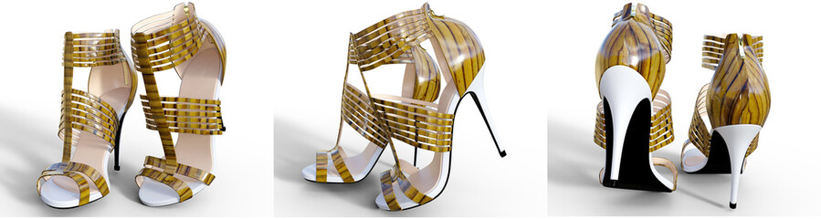 Set beautiful female sandals high heels. Conceptual fashion art. 3D render illustration.