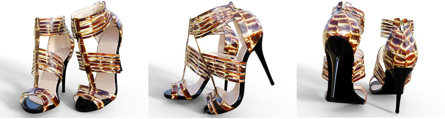 Fototapeta na wymiar Set beautiful female sandals high heels. Conceptual fashion art. 3D render illustration.