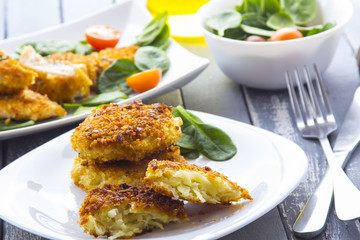 Food fried breading chicken spinach salad tomatoes pancakes from potatoes
