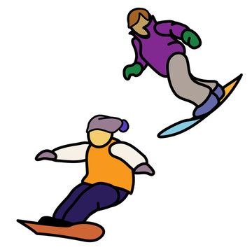 Two animated snowboard characters in festive ski clothes.
