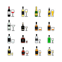 Alcoholic drinks, bottles and recommended glasses. Vector icons set