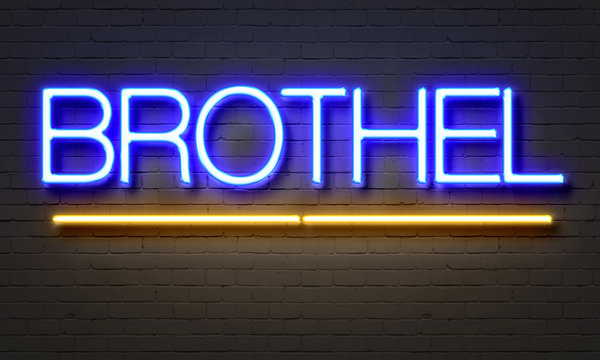 Brothel neon sign on brick wall background.