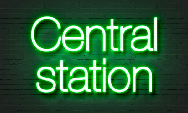 Central Station Neon Sign On Brick Wall Background.