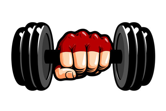 Heavy dumbbell in hand, cartoon. Gym, bodybuilding, weightlifting symbol. Sport vector illustration