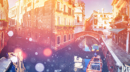 Canal in Venice, Italy. Photo greeting card. Bokeh light effect,