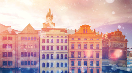 Naklejka premium beautiful houses Czech Republic. Photo greeting card. Bokeh ligh