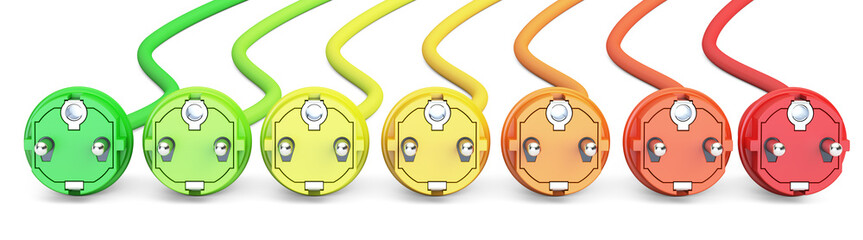 saving energy consumption concept, row from colored plugs. 3D rendering