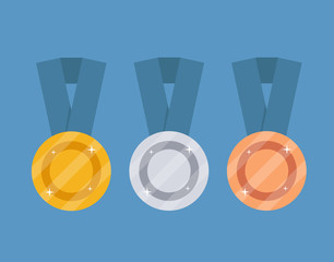 Medal vector set. Gold medal, silver medal, bronze medal. Medal icon in flat style.