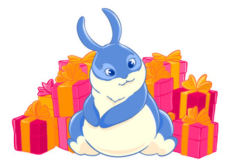 Blue Bunny enjoys the gifts. Character. Boxes with bows. Festive packaging.