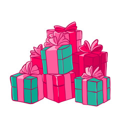 Bunch of gifts. Boxes with bows. Festive packaging. Vector illustration.