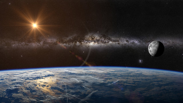 The sun, moon and earth views from earth's orbit. Elements of this image furnished by NASA
