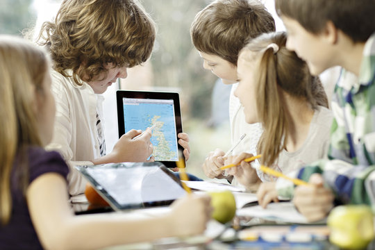 Children using digital tablet, Osijek, Croatia, Europe