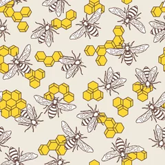 Foto op Plexiglas Vector seamless pattern with linear bee and yellow honeycombs. Organic honey background. Concept for honey package design, label, wrapping, prints. © Betelgejze