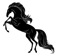 Isolated black drawing of a Rearing horse with long mane and tail © AnMyArt