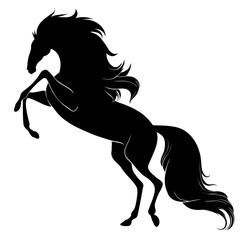 Silhouette of a rearing horse with long mane and tail