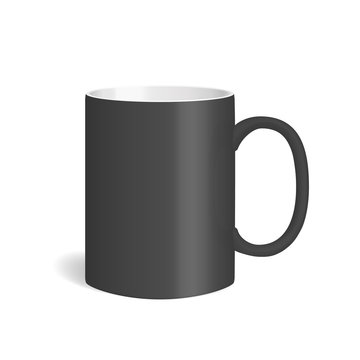 Vector realistic ceramic black mug. Isolated cup with shadow on white background.