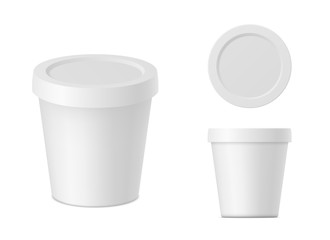 Vector realistic white cream container with cap isolated. Yogurt package on white background. Mock up front view, top view and isometric