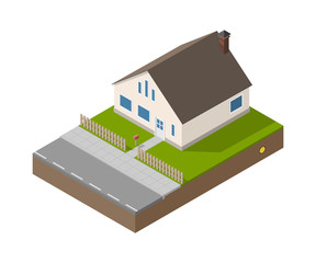 Isometric suburban beige house with door, windows and chimney. Building, fence, mailbox, road, garden and treasure. Vector simple estate isolated.