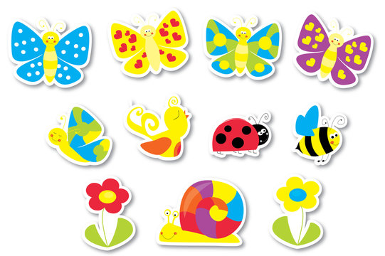 stickers set with butterflies, flowers, bird and bee / little creatures collection