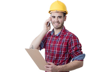 construction worker talking on the phone with documents isolated on white