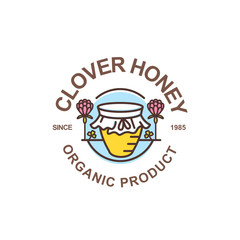 Outline honey pot vector logo. Round label, emblem or sticker with linear jar and clover flowers isolated on white background. Concept for organic clover honey package design.