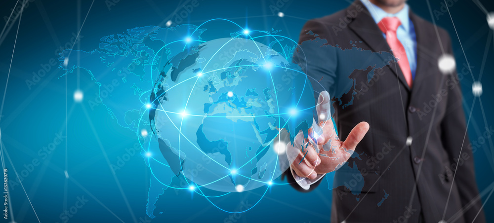 Poster businessman holding global network on planet earth 3d rendering