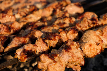 Meat pieces on skewer roasting in brazier