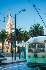 San Francisco vintage f- streetcar, tram or muni cable trolley car next to the Ferry Building.  - 137620969