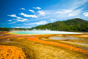 Yellowstone National Park, Wyoming, USA.  Grand Prismatic Springs against a sunny blue sky.
