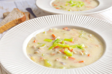 Traditional Nigerian mixed vegetable soup with corn fleur