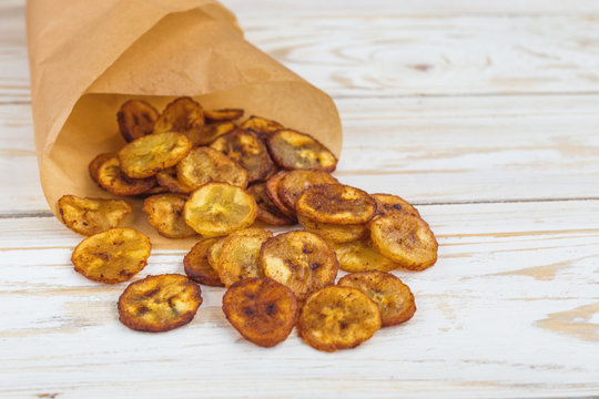 Homemade crispy Banana chips. Vegeterian and vegan concept.