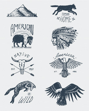 set of engraved vintage, hand drawn, old, labels or badges for camping, hiking, hunting with bald eagle. buffalo, skull. wolf and mountains with red skinned indian, native american
