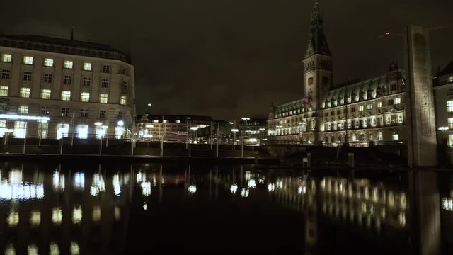 Hyperlapse / Timelapse / nightlapse  of a the townhall of Hamburg in 4k at night, flying over a balustrade and water. (motorised with pan & tilt movement)