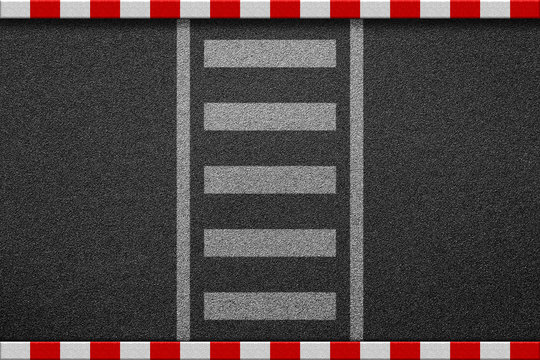 Empty Crosswalk On Asphalt Road With Red And White Sign On Sidewalk Curb Top View