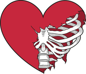 Vector illustration of a red ripped heart with ribs underneath
