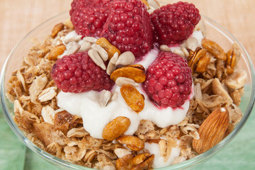 Healthy breakfast cereal with fruits and yogurt