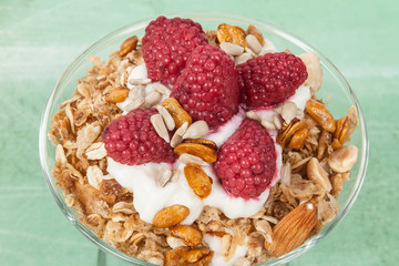 Healthy breakfast cereal with fruits and yogurt