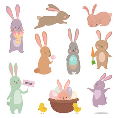 Easter rabbit character bunny different pose vector set