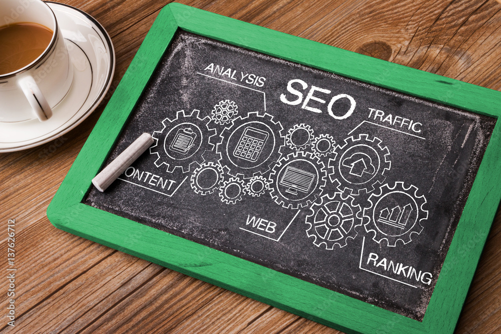 Wall mural seo search engine optimization concept on blackboard