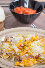 Close up macro fried eggs with bacon