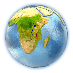 Malawi on isolated globe