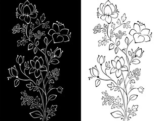 декоративная ветка с цветком и листьями. графика черно-белая. два букета. инверсия