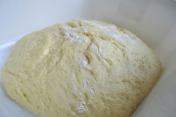 Rising yeast dough in a bowl ready for making pizza, bread or desserts

