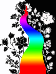 декоративные цветы. абстракция ветка с бутонами и листьями. деленная на два цвета и с разрезом пополам. внутри радуга.графический стиль