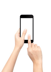 Touch screen mobile phone in hand isolated on white background.