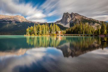 Emerald Lake with Emerald Lake Lodge on the little island in Yoho National Park, British Columbia.