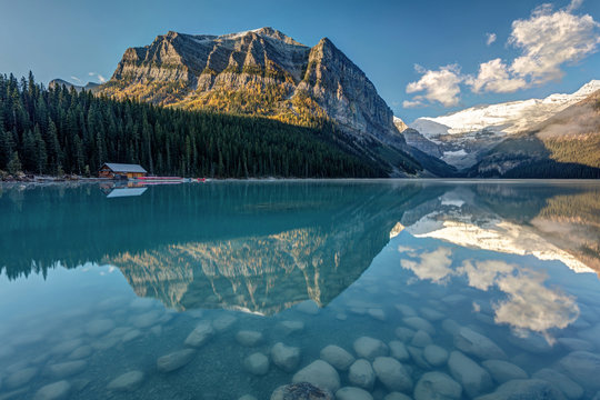 Calm Lake Louise reflection in Autumn, Banff National Park