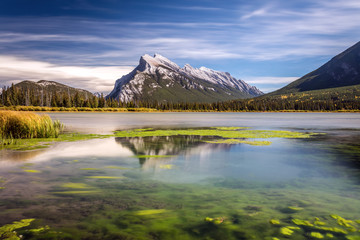 Long exposure of Mount Rundle with reflection from Second Vermilion Lake in  Banff National Park, Alberta, Canada.