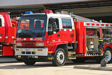 red and white fire trucks ready for action during fire season in Australia
