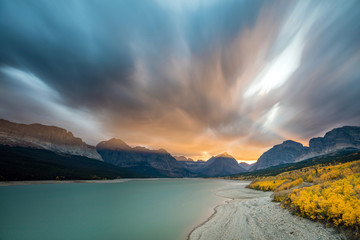 Many Glacier side of Glacier National Park, Montana. There was a wildfire still burning in the...